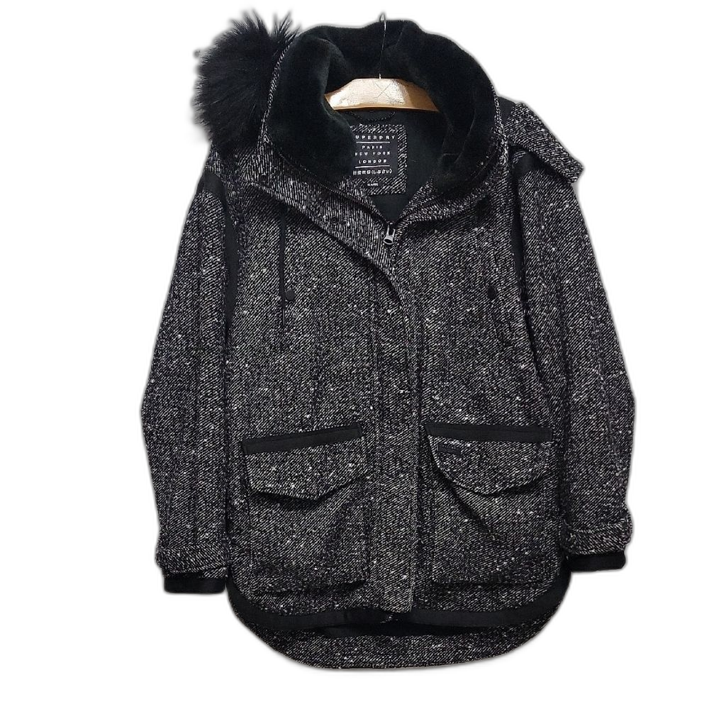 Superdry Faux Fur Wool Teddy Jacket Black Gray Size Xl